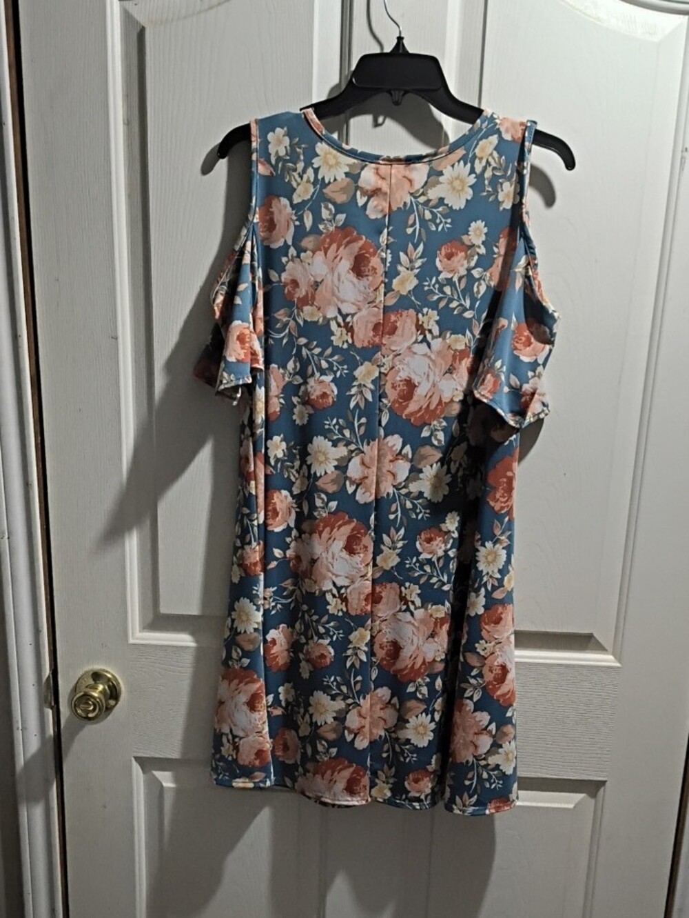 First Love Blue Floral Cold-Shoulder Mini Dress with Peach Blooms - Picture 2 of 3